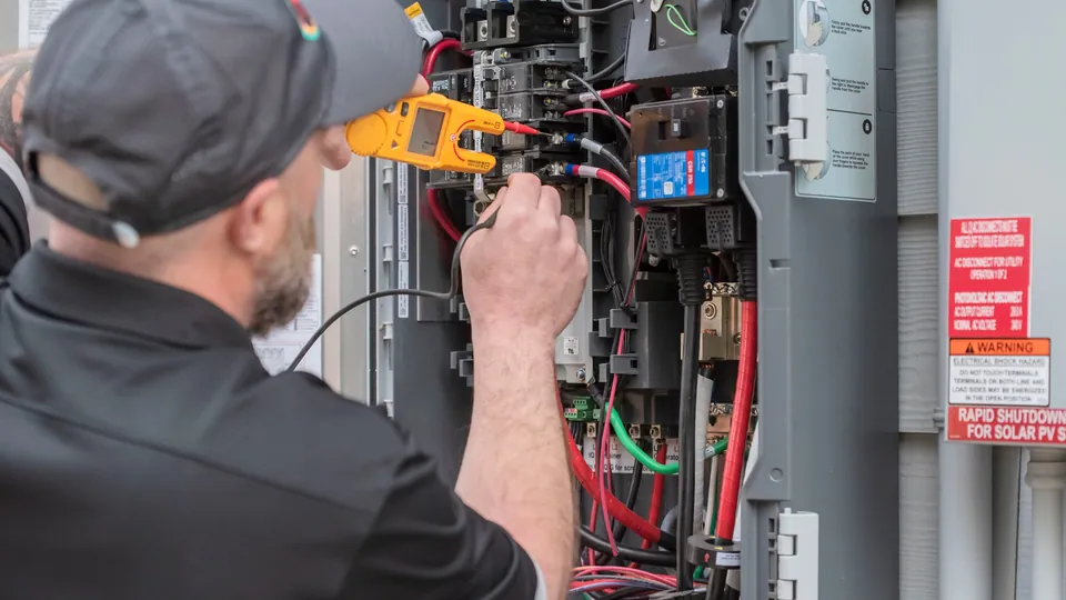 Energy Solutions electrician testing a panel with a clamp meter