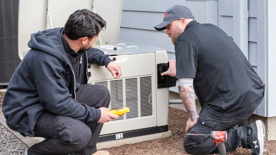 Two Energy Solutions electricians servicing a standby generator beside a home