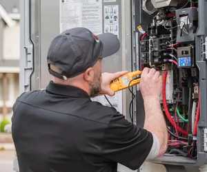 Energy Solutions electrician testing wiring in an electrical panel