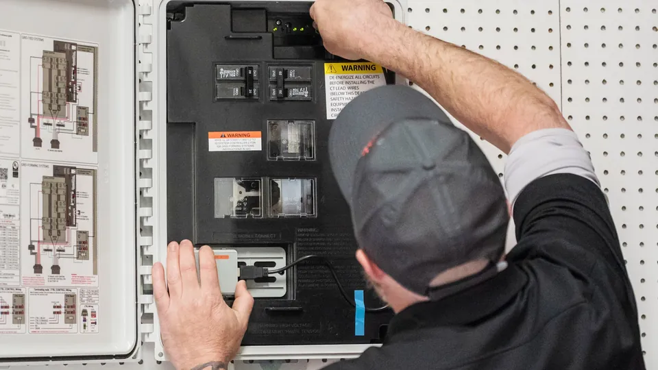 Energy Solutions electrician working in a home battery system panel
