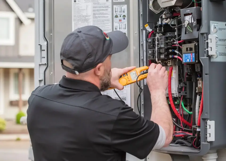 Electrician testing wiring inside an electrical panel