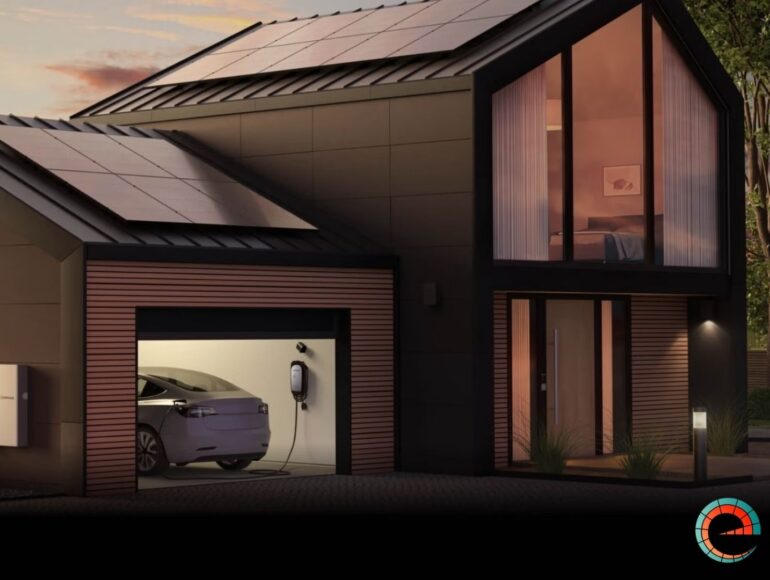 a modern house with solar panels on the roof and enphase ev charger in the garage
