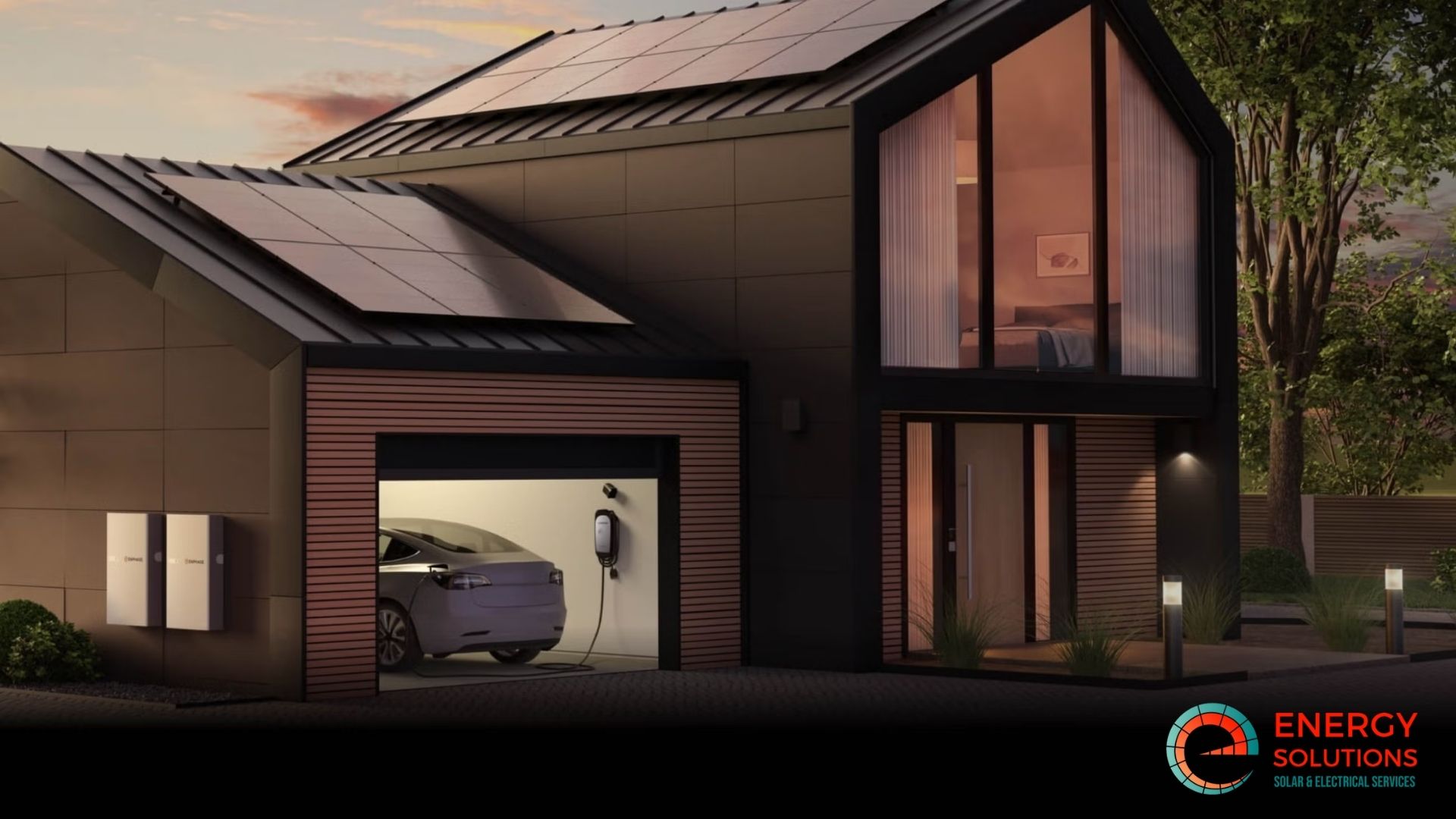 a modern house with solar panels on the roof and enphase ev charger in the garage