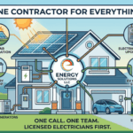 A diagram illustrating comprehensive electrical services offered by Energy Solutions LLC, including solar installation, battery backup, backup generators, electrical panel upgrades, EV charger sta