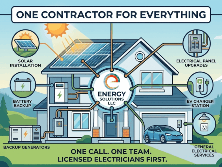 A diagram illustrating comprehensive electrical services offered by Energy Solutions LLC, including solar installation, battery backup, backup generators, electrical panel upgrades, EV charger sta