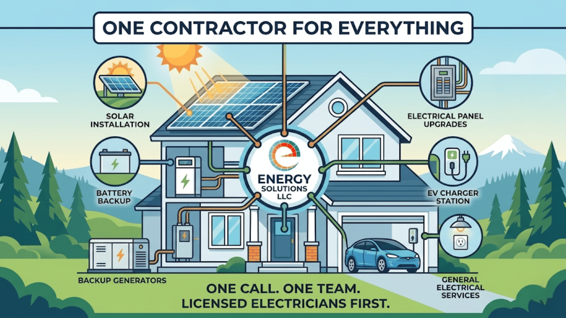 A diagram illustrating comprehensive electrical services offered by Energy Solutions LLC, including solar installation, battery backup, backup generators, electrical panel upgrades, EV charger sta