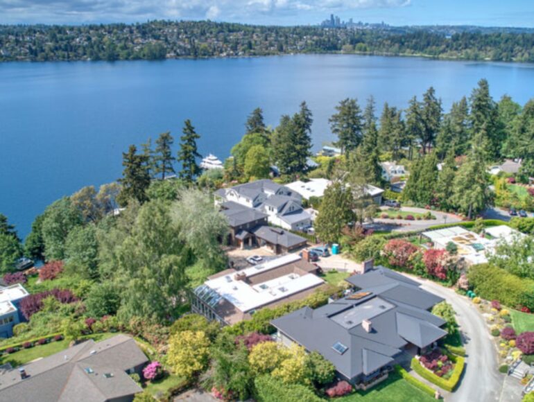 An aerial view of waterfront homes nestled among lush green trees, with a large blue lake in the background and a distant city skyline on the horizon.
