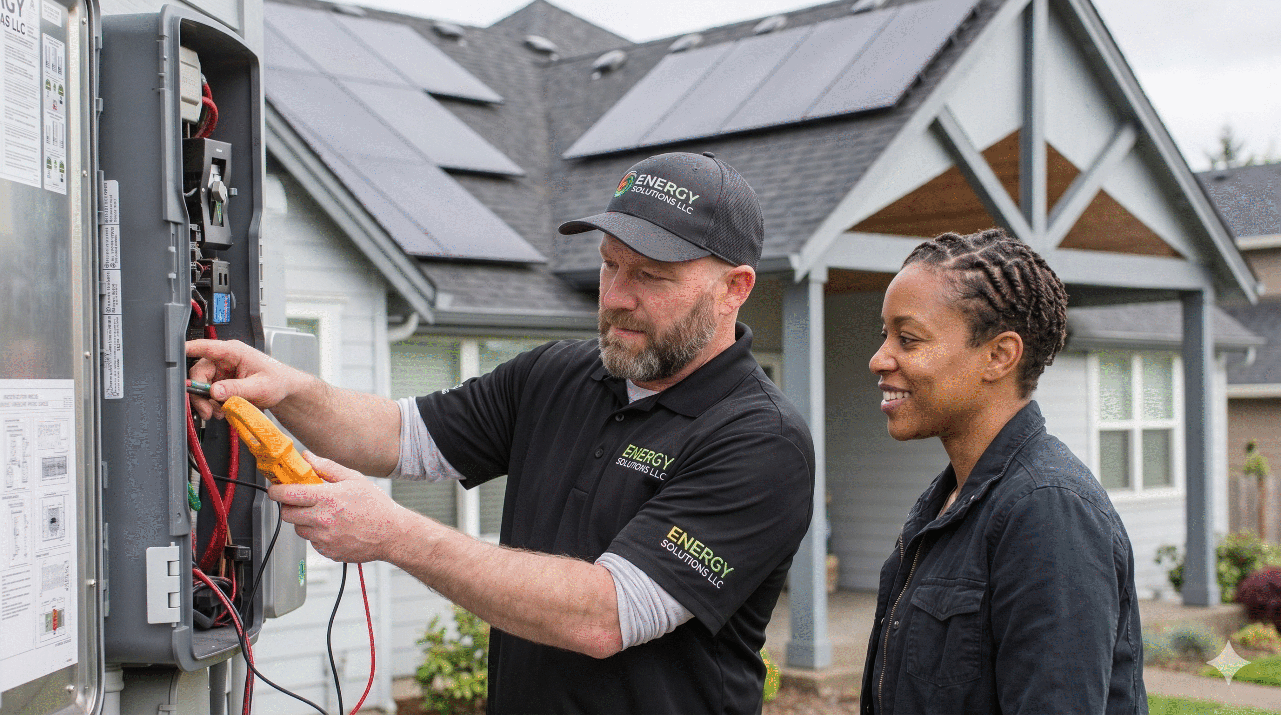 Energy Solutions LLC technician inspecting and restoring an orphaned solar system after original solar installer out of business