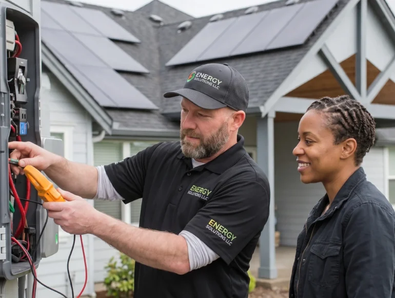 Energy Solutions LLC technician inspecting and restoring an orphaned solar system after original solar installer out of business