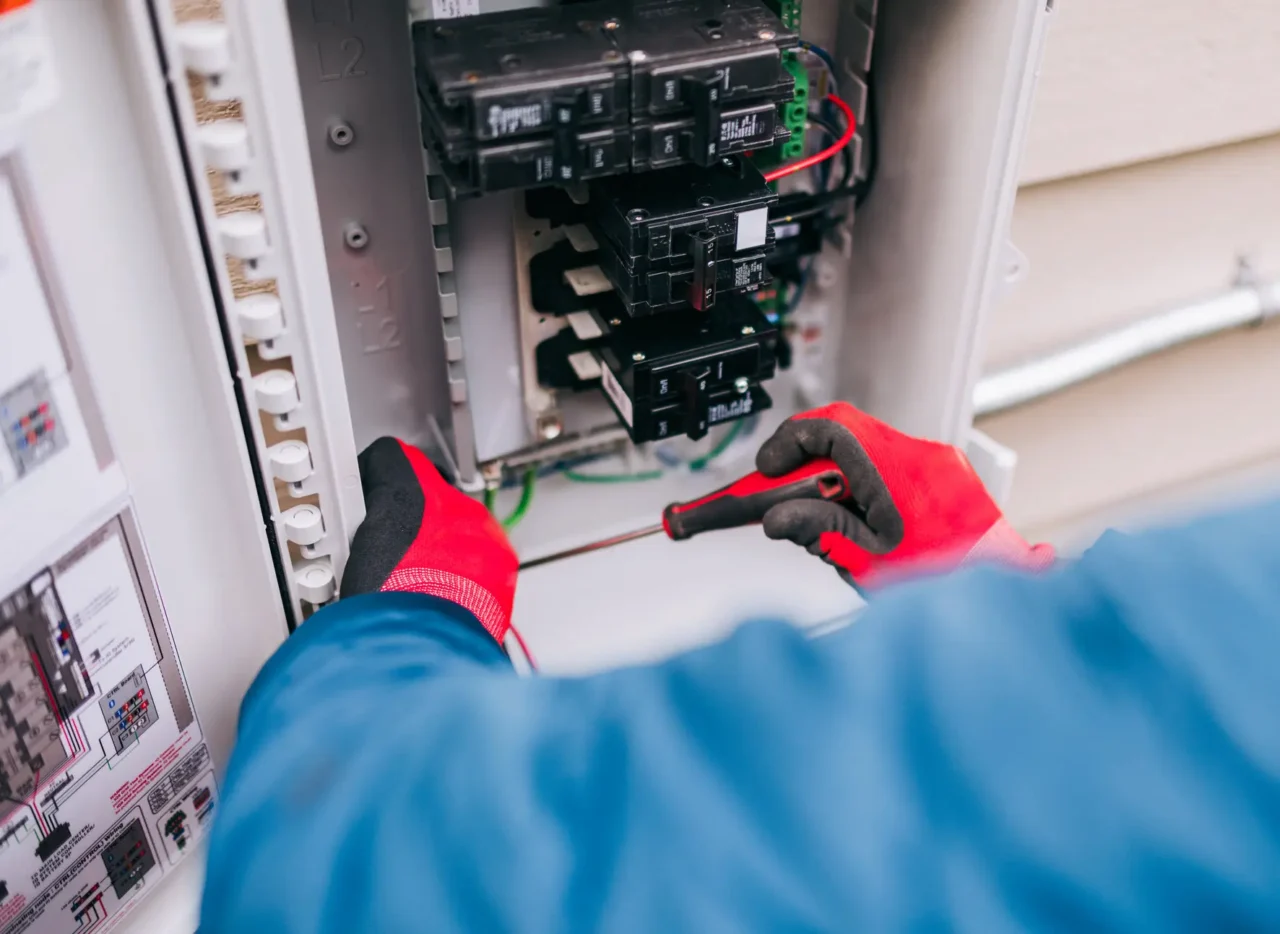 Gloved technician using a screwdriver inside an electrical breaker panel.