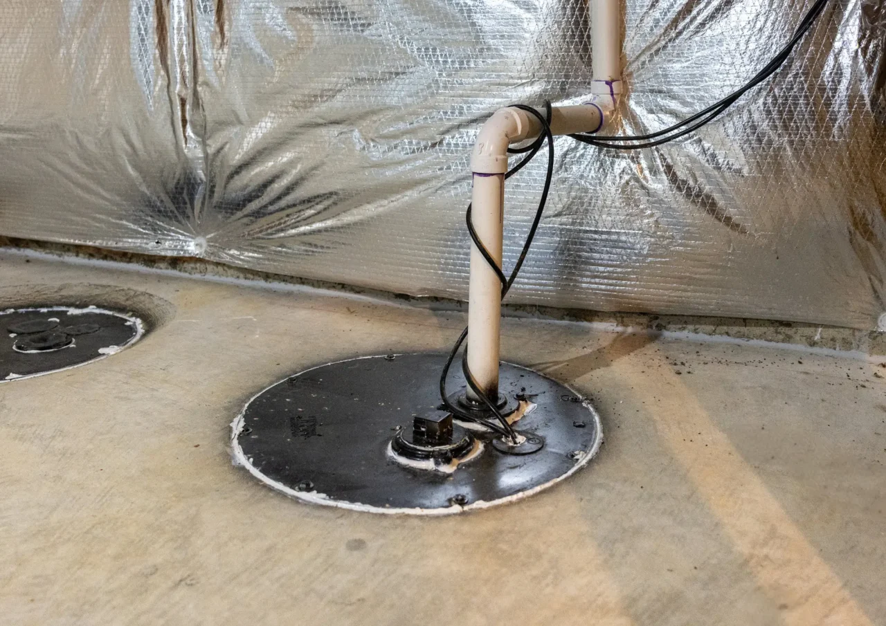 Sump pump with PVC pipe on concrete, foil-insulated wall.