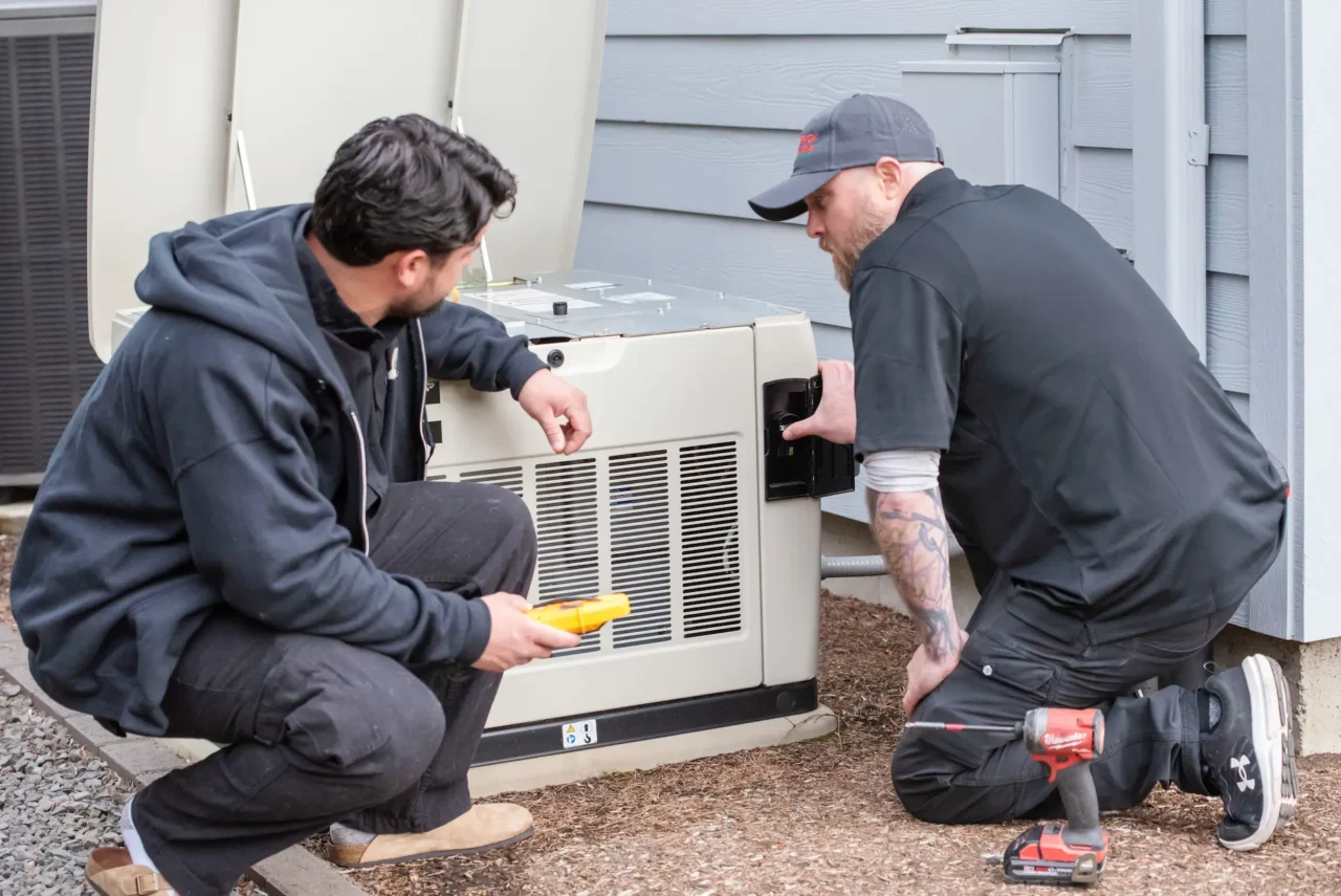 Two technicians inspecting a residential standby generator.