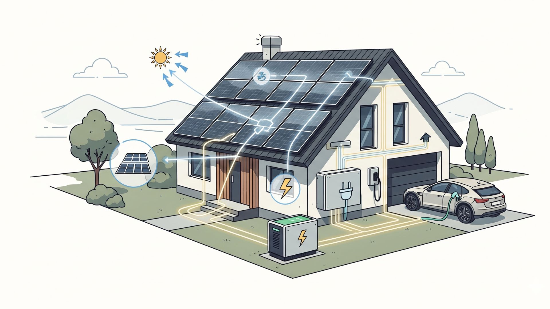 an illustration of a house with solar panels on the roof