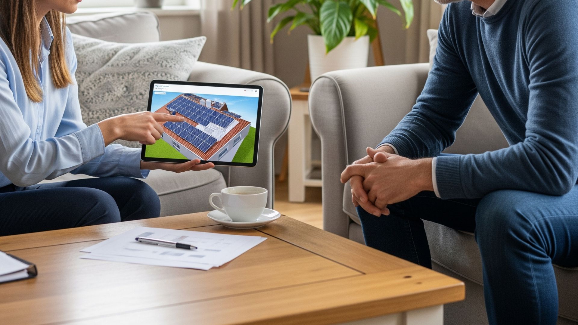 consultant explaining a solar quote in the living room